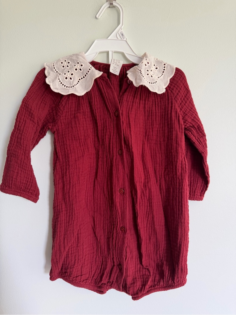 H&M Girls' Red Button-Front Cotton Romper with Eyelet Collar Holiday Christmas